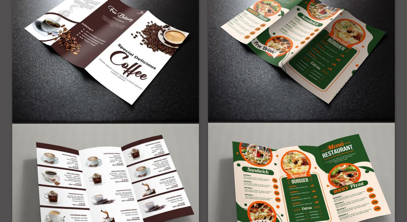 Restaurant menu brochure featuring food and coffee layouts.
