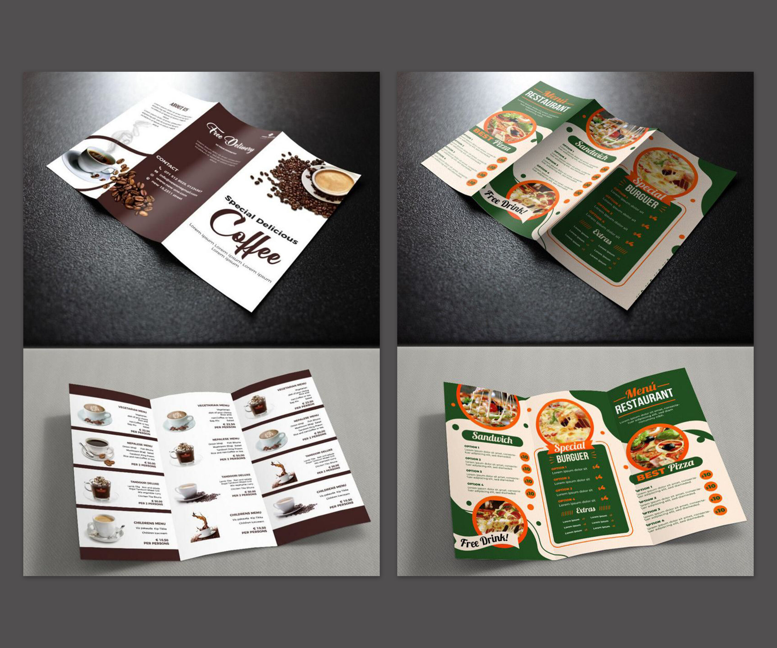 Restaurant menu brochure featuring food and coffee layouts.