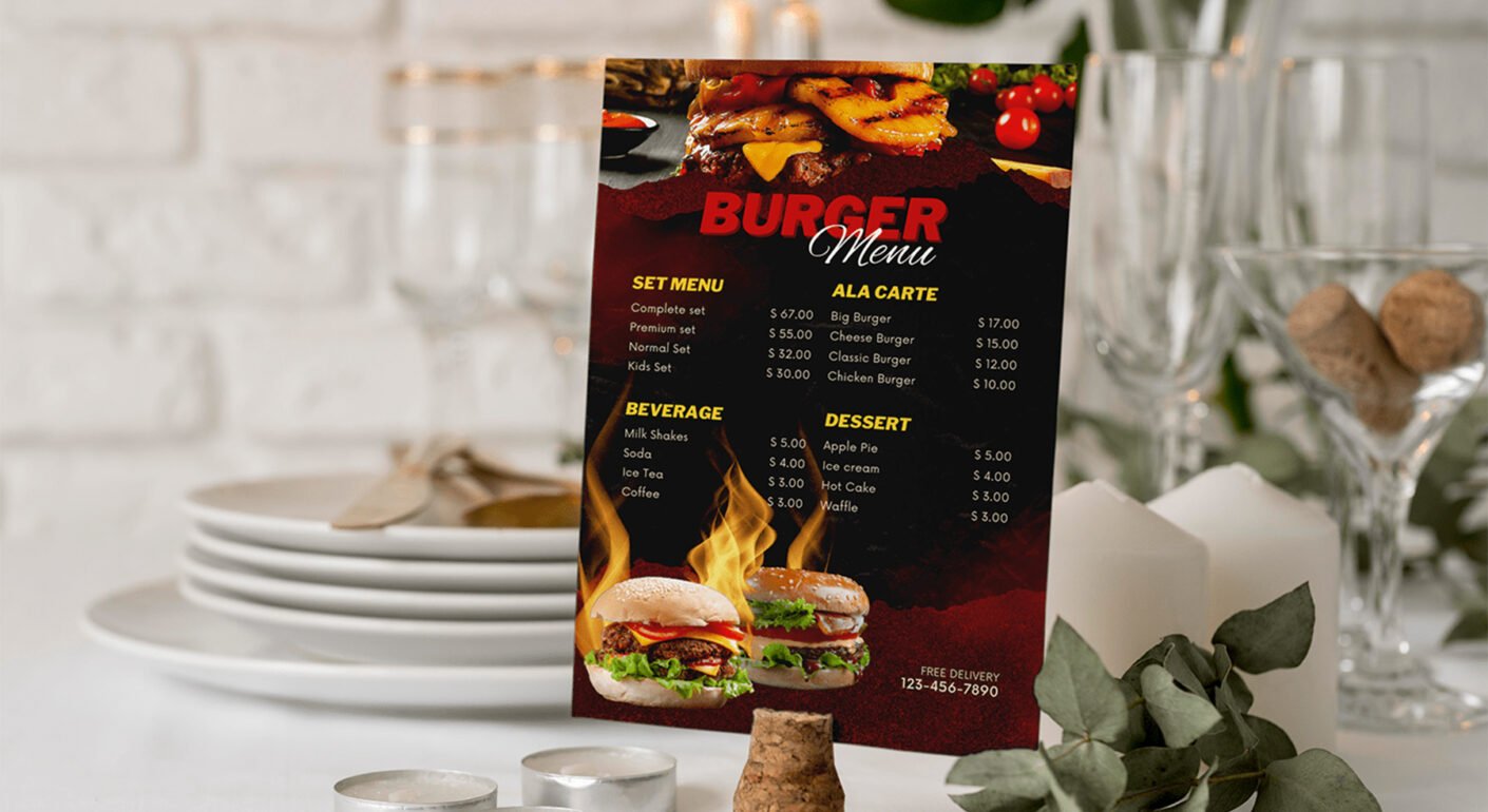 Burger restaurant menu flyer on table display