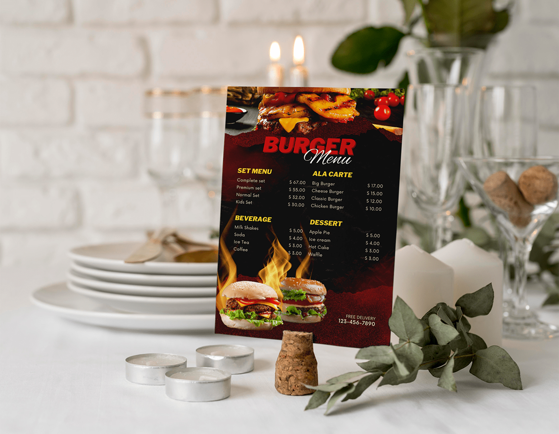 Burger restaurant menu flyer on table display