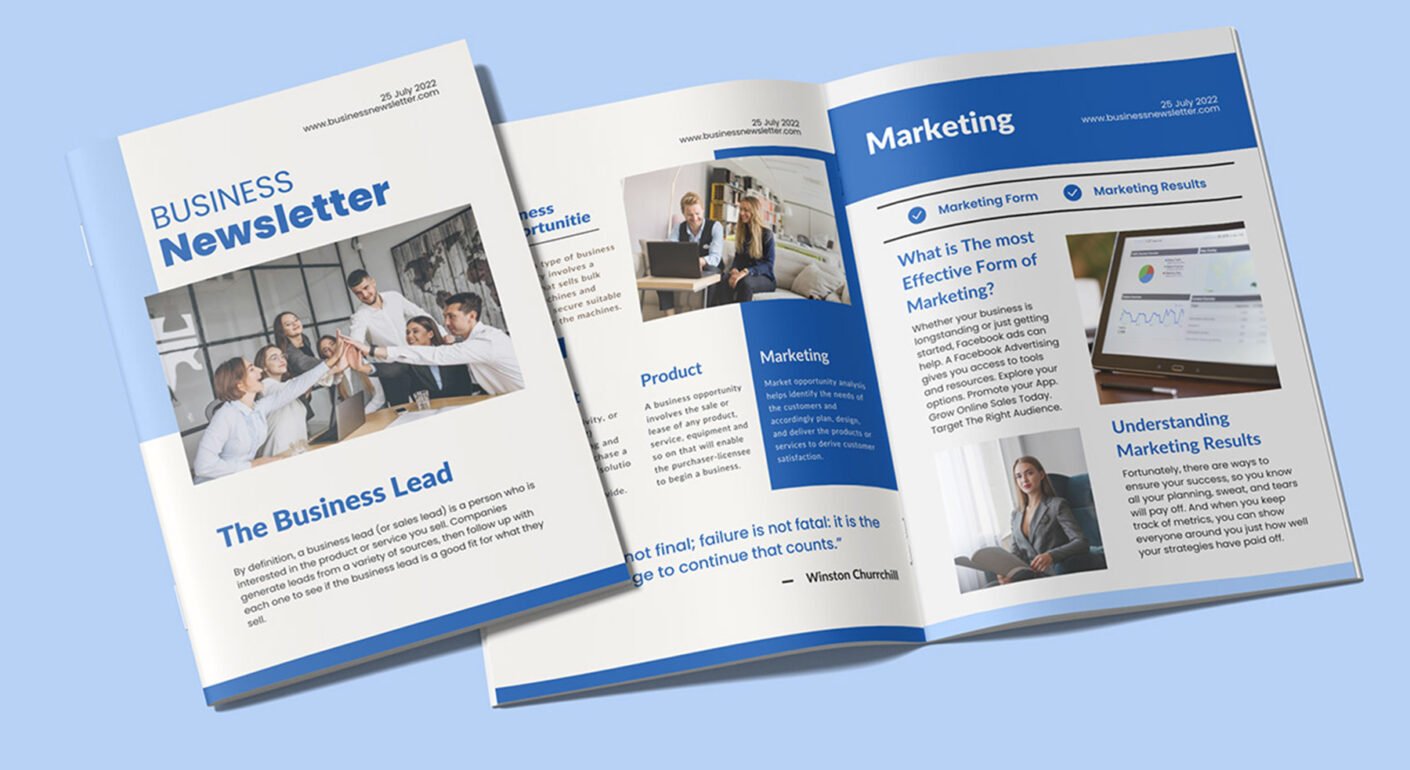 Professional business newsletter brochure layout design.