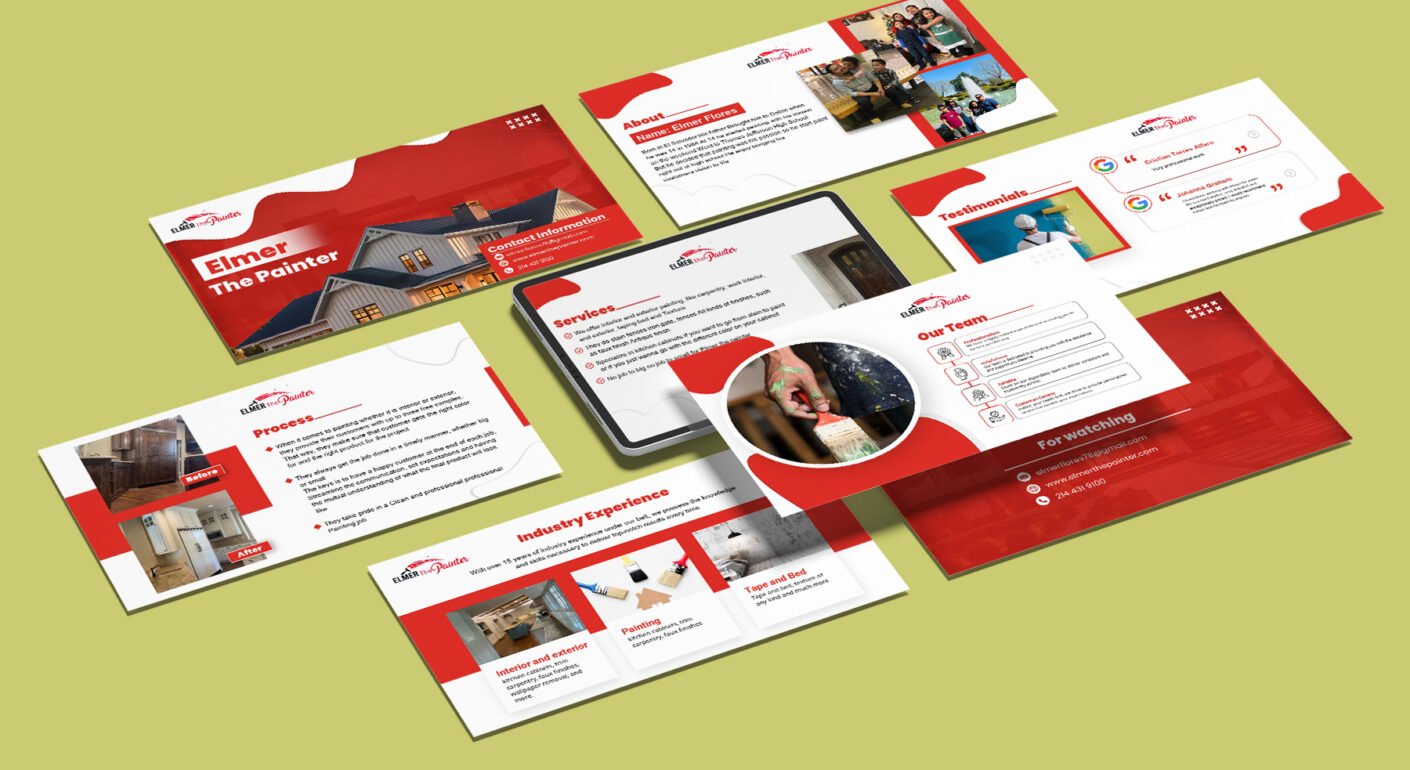 Professional painter service PowerPoint presentation template with modern red and white slide design.