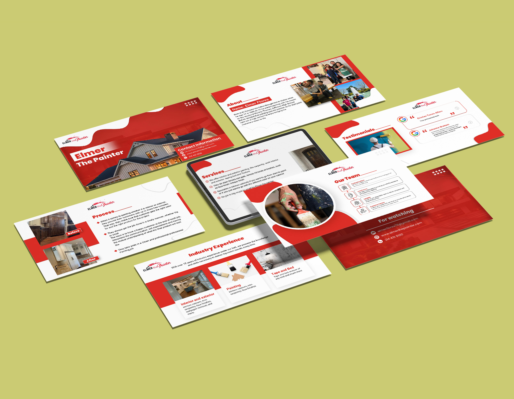 Professional painter service PowerPoint presentation template with modern red and white slide design.