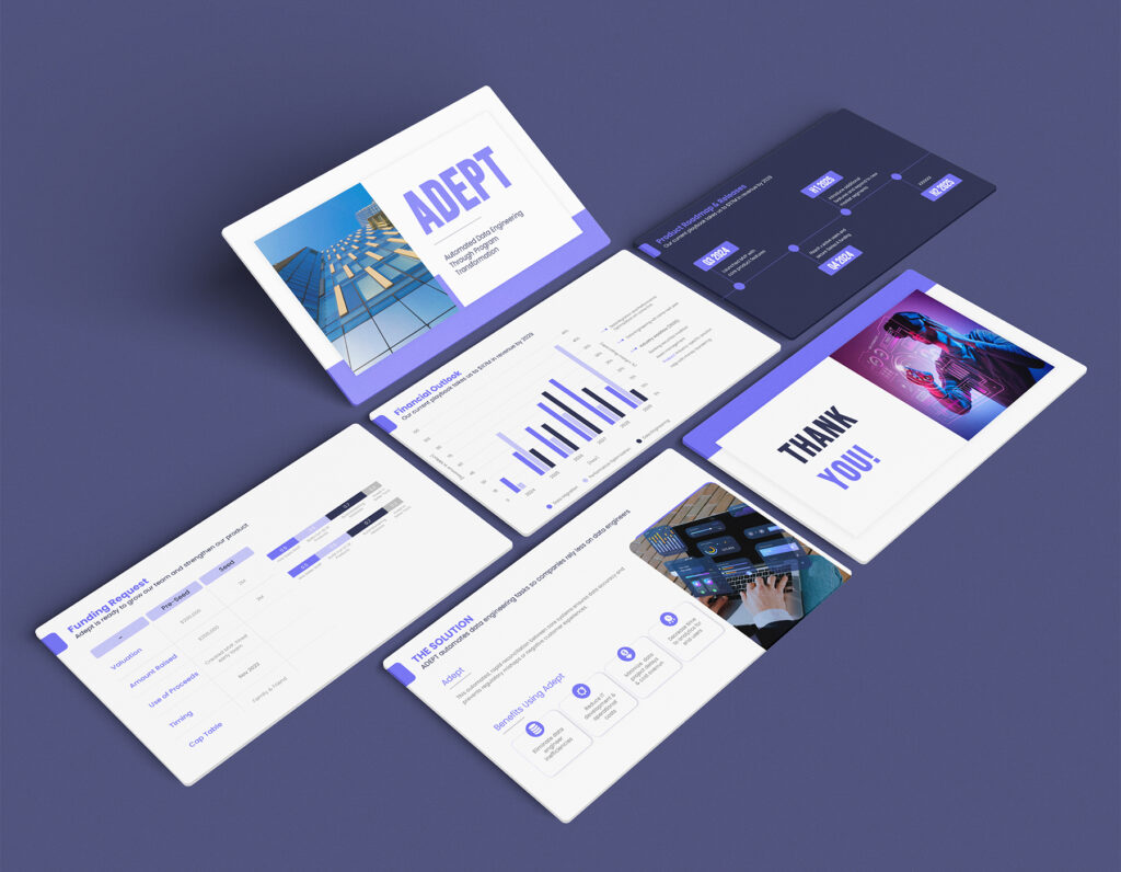 Technology startup pitch deck presentation template featuring modern business slides, charts, and data visualization.