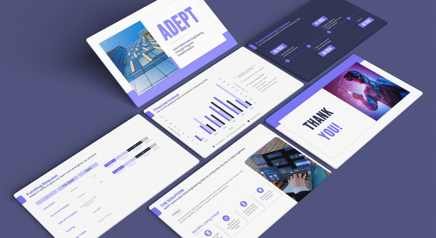Technology startup pitch deck presentation template featuring modern business slides, charts, and data visualization.