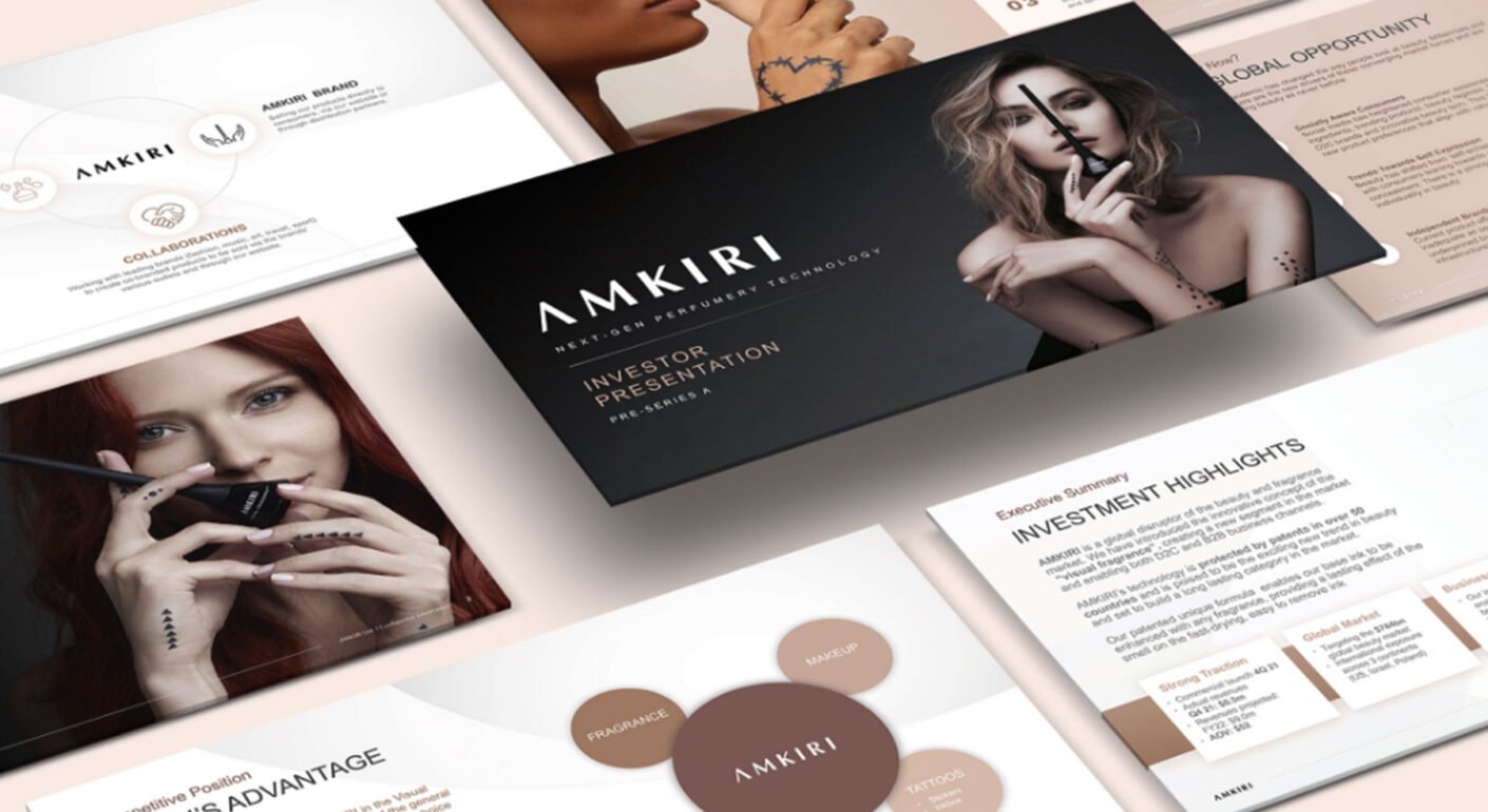 Luxury beauty brand investor presentation template featuring elegant cosmetics branding, premium product imagery, and modern business slides.