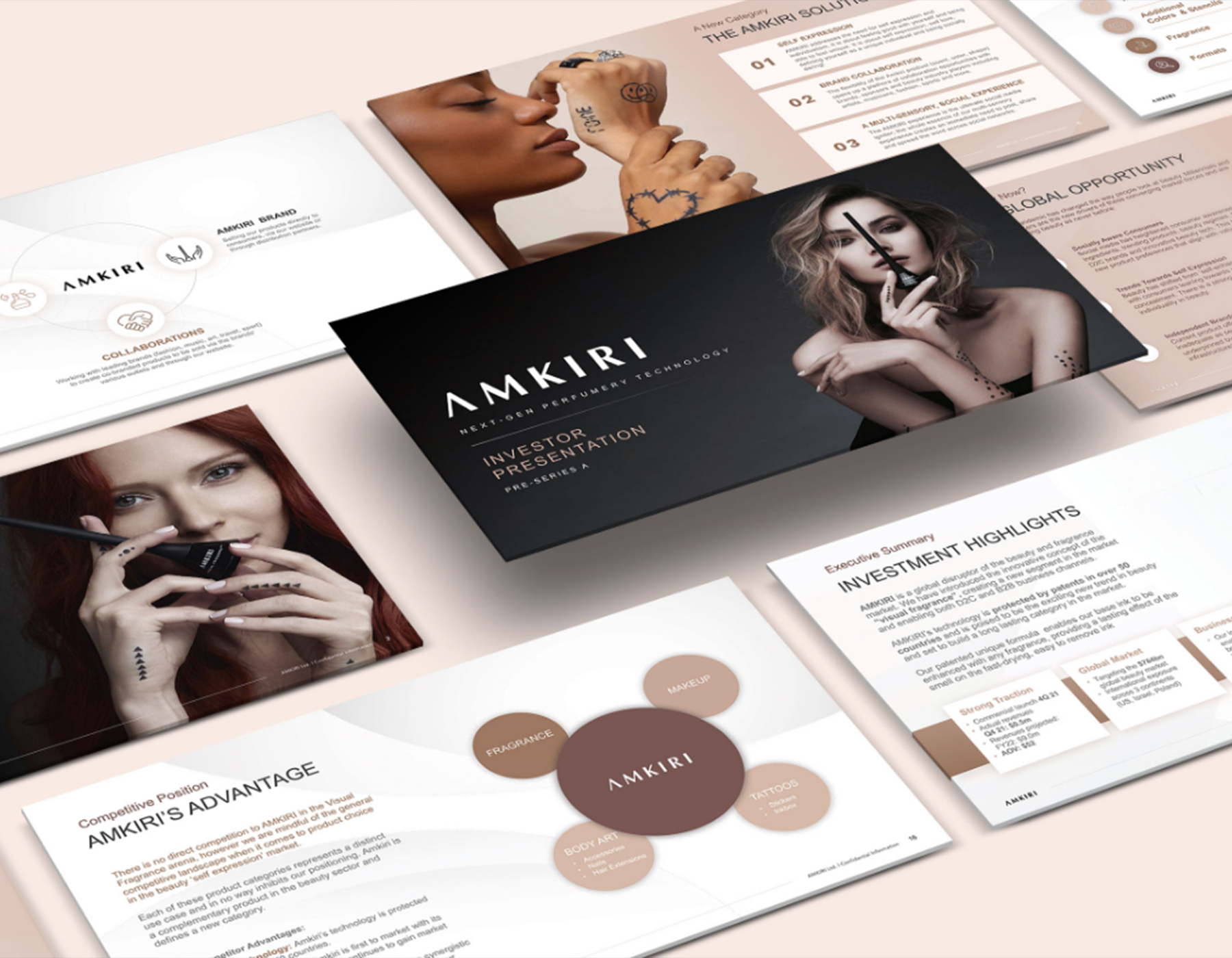 Luxury beauty brand investor presentation template featuring elegant cosmetics branding, premium product imagery, and modern business slides.