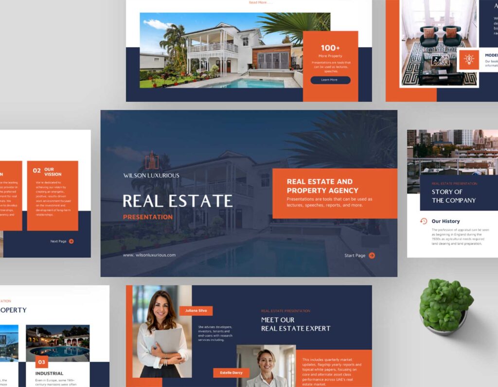 Real estate PowerPoint presentation template featuring modern property marketing slides and corporate design.