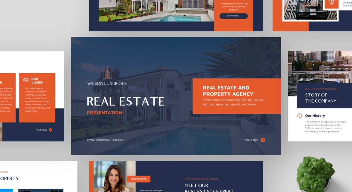 Real estate PowerPoint presentation template featuring modern property marketing slides and corporate design.