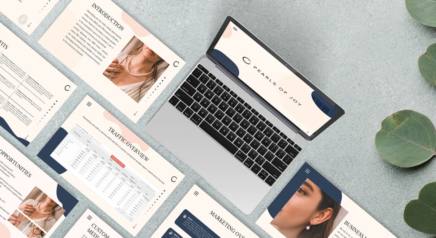 Elegant jewelry brand pitch deck presentation displayed on a laptop with modern business slides, pearl product imagery, and marketing analytics.