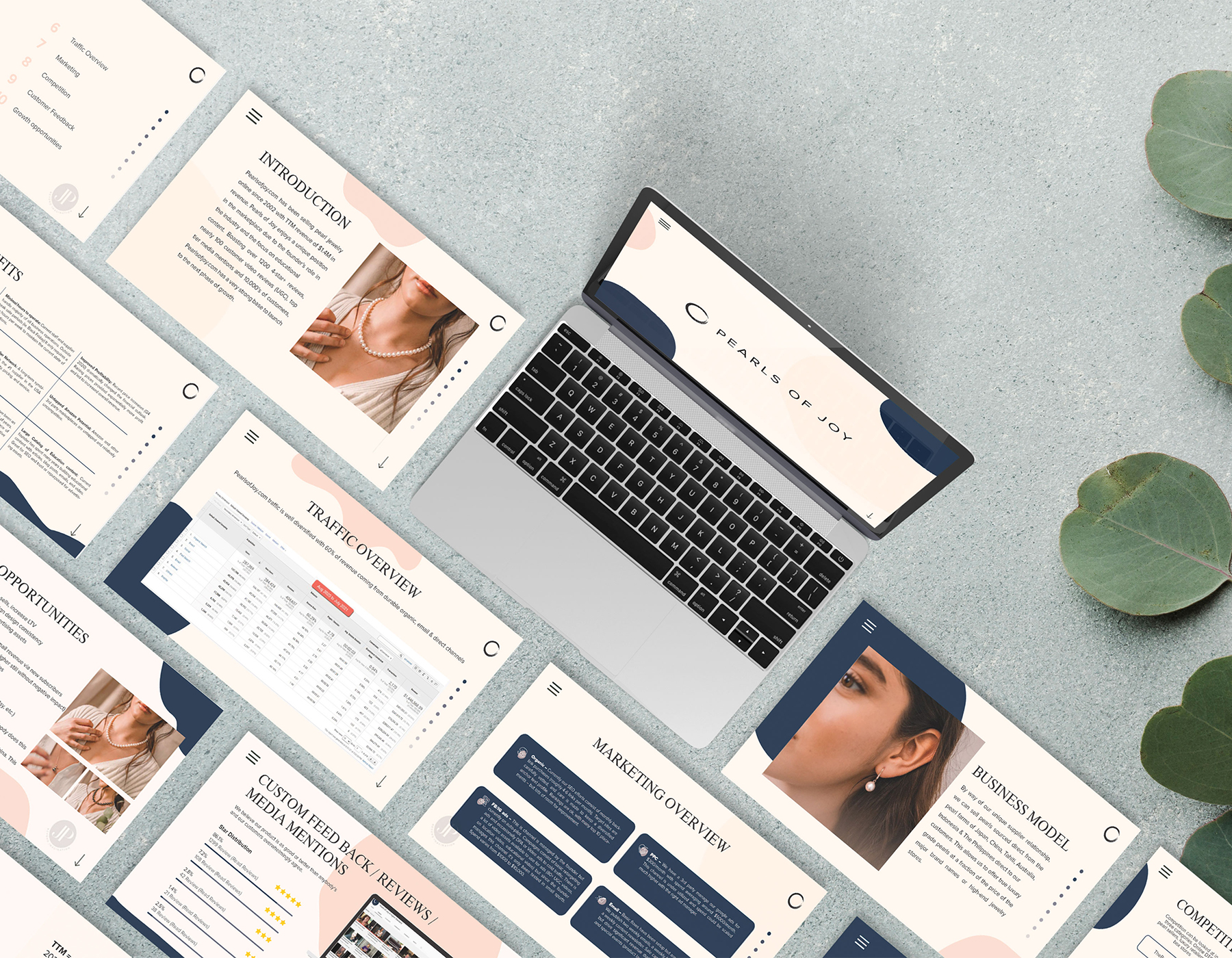 Elegant jewelry brand pitch deck presentation displayed on a laptop with modern business slides, pearl product imagery, and marketing analytics.