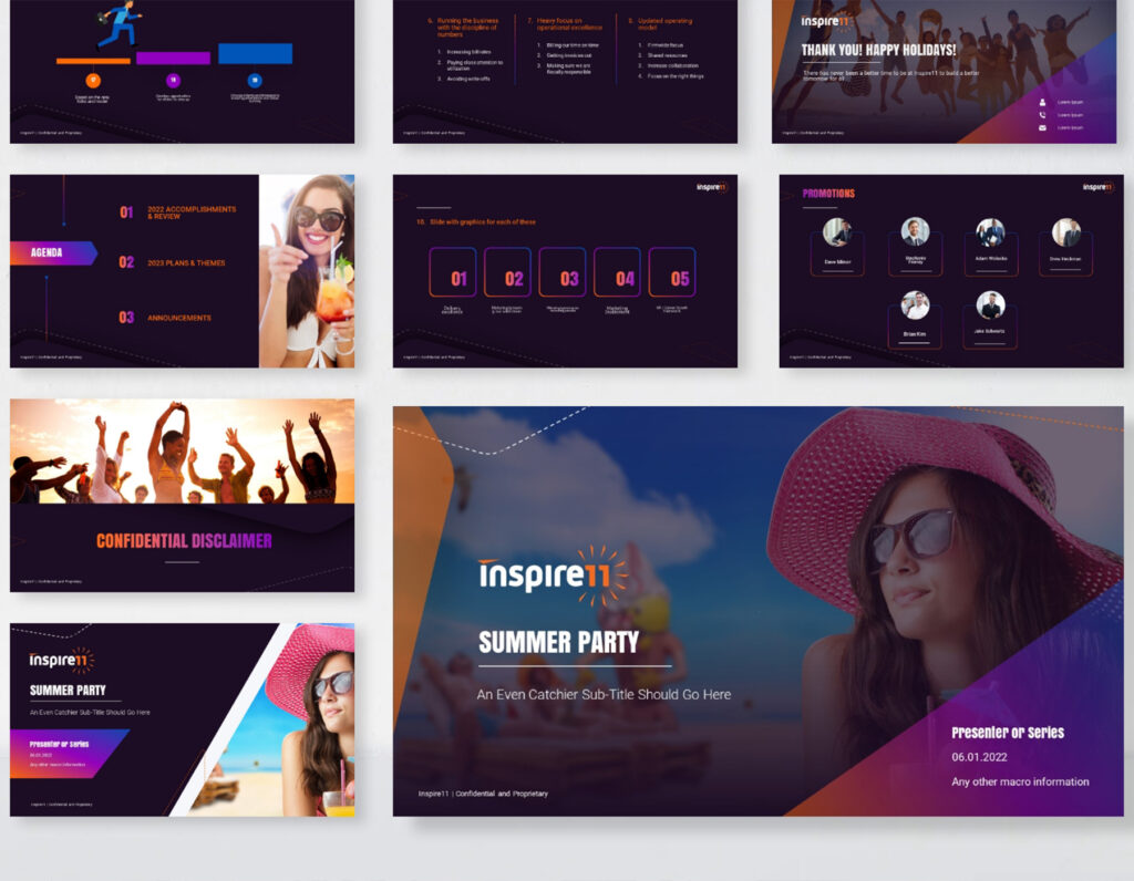 Summer party event presentation template with vibrant purple and orange slides, agenda layouts, team profiles, and corporate event branding.