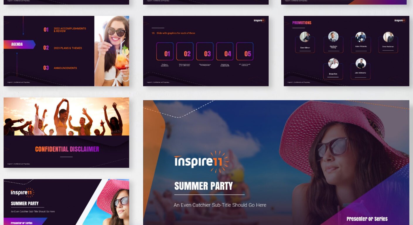 Summer party event presentation template with vibrant purple and orange slides, agenda layouts, team profiles, and corporate event branding.