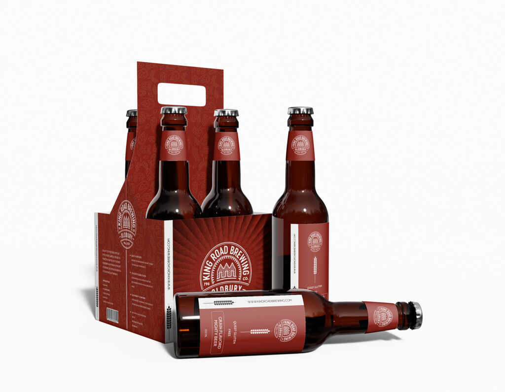 Craft beer packaging mockup featuring branded beer bottles, carrier box, and premium brewery label design.