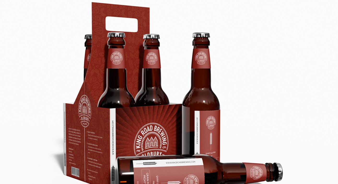 Craft beer packaging mockup featuring branded beer bottles, carrier box, and premium brewery label design.