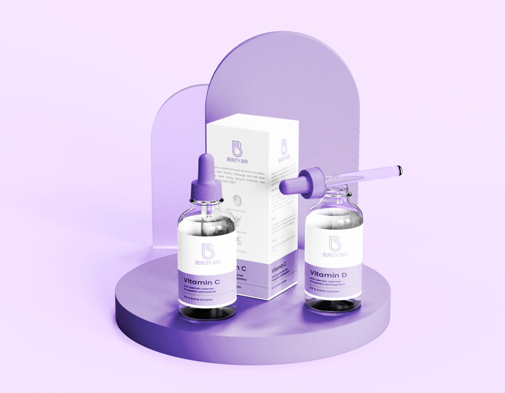 Vitamin C skincare serum packaging mockup with dropper bottles and premium cosmetic branding.