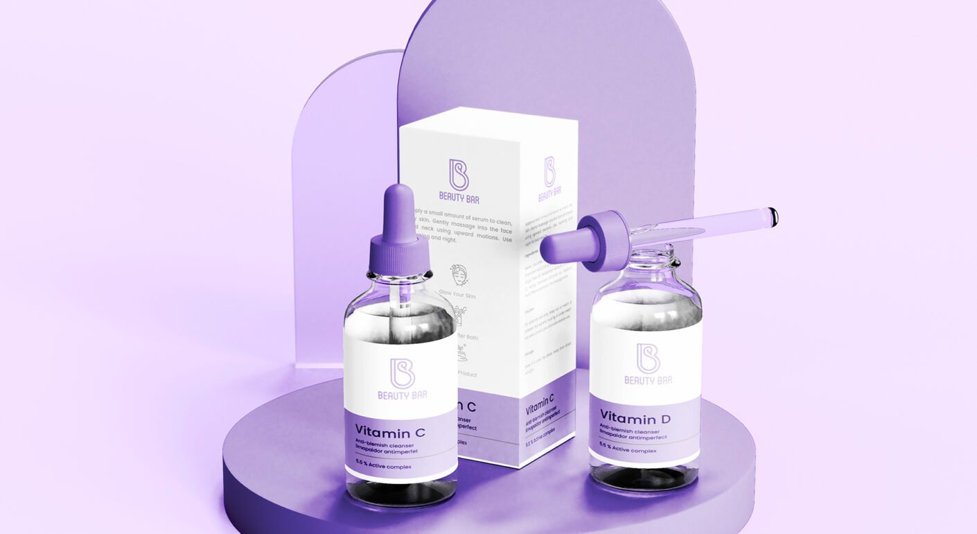 Vitamin C skincare serum packaging mockup with dropper bottles and premium cosmetic branding.
