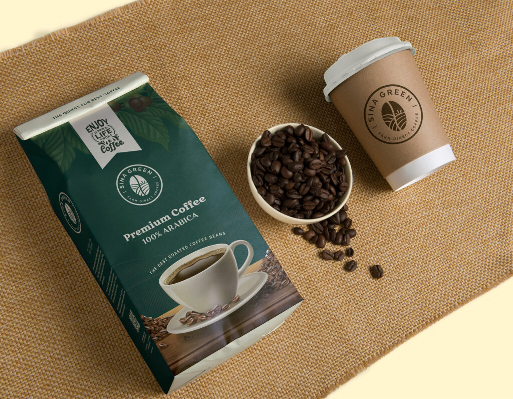 Premium coffee packaging mockup featuring a coffee bean bag, takeaway cup, and roasted coffee beans.