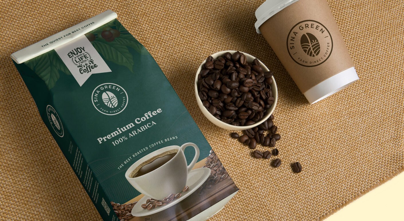 Premium coffee packaging mockup featuring a coffee bean bag, takeaway cup, and roasted coffee beans.