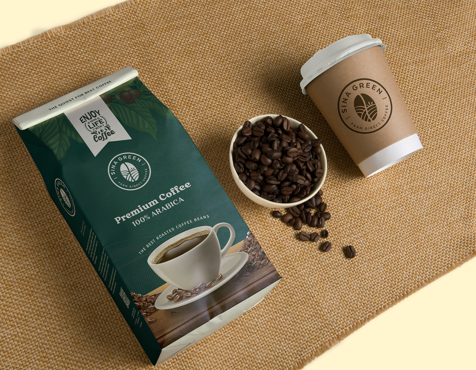 Premium coffee packaging mockup featuring a coffee bean bag, takeaway cup, and roasted coffee beans.