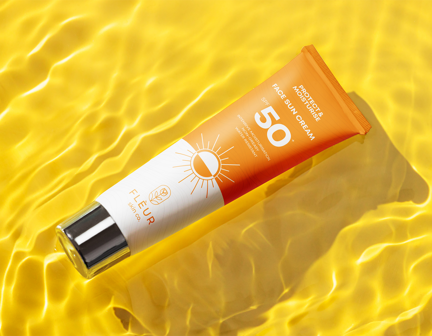 SPF 50 sunscreen cream packaging mockup with vibrant summer skincare branding and sun protection design.