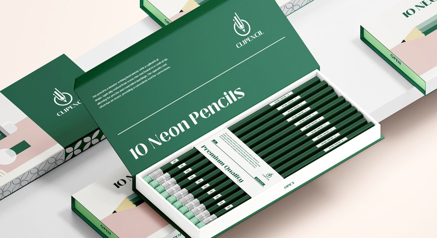 Premium pencil box packaging mockup featuring neon pencils with modern stationery branding design.