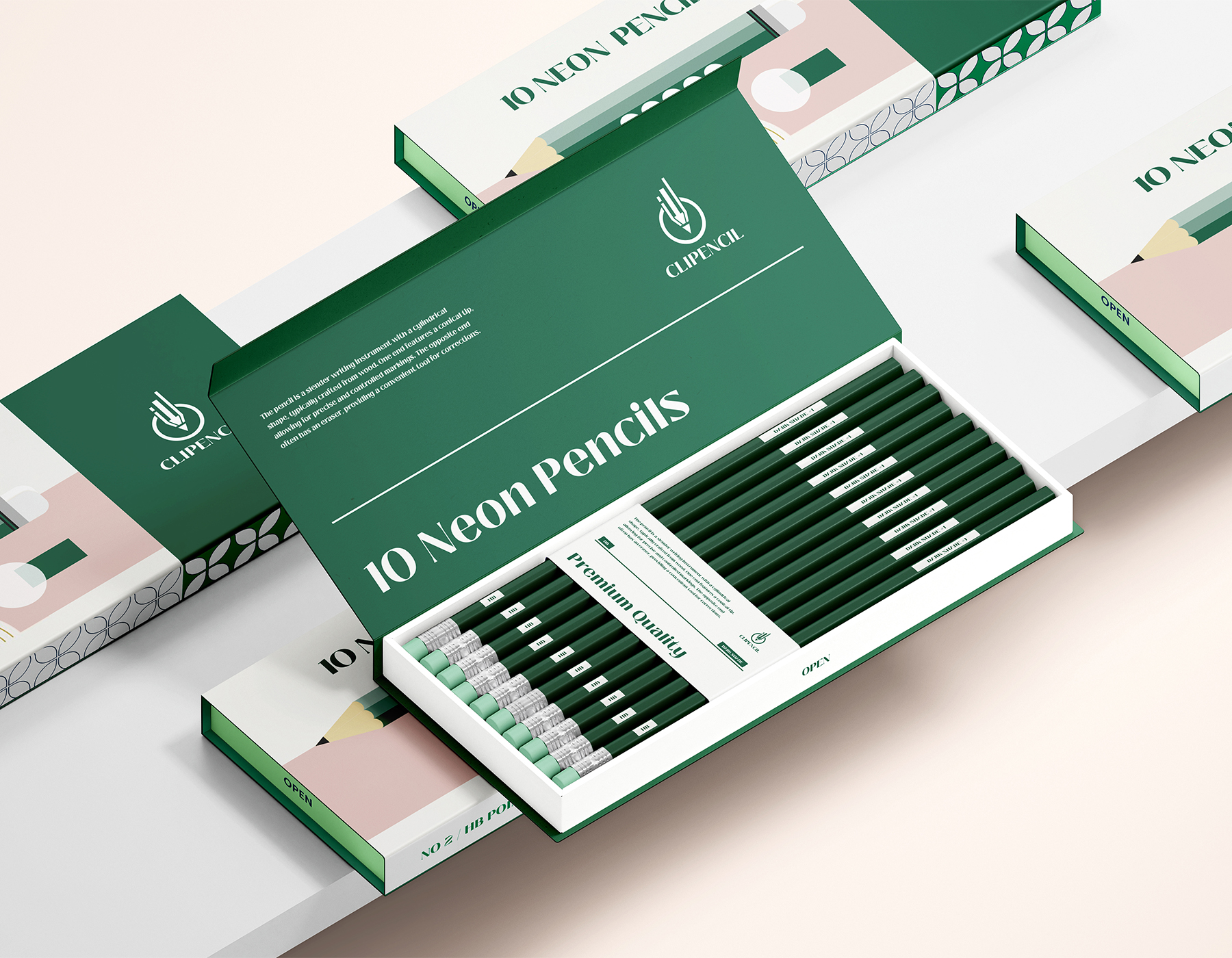 Premium pencil box packaging mockup featuring neon pencils with modern stationery branding design.