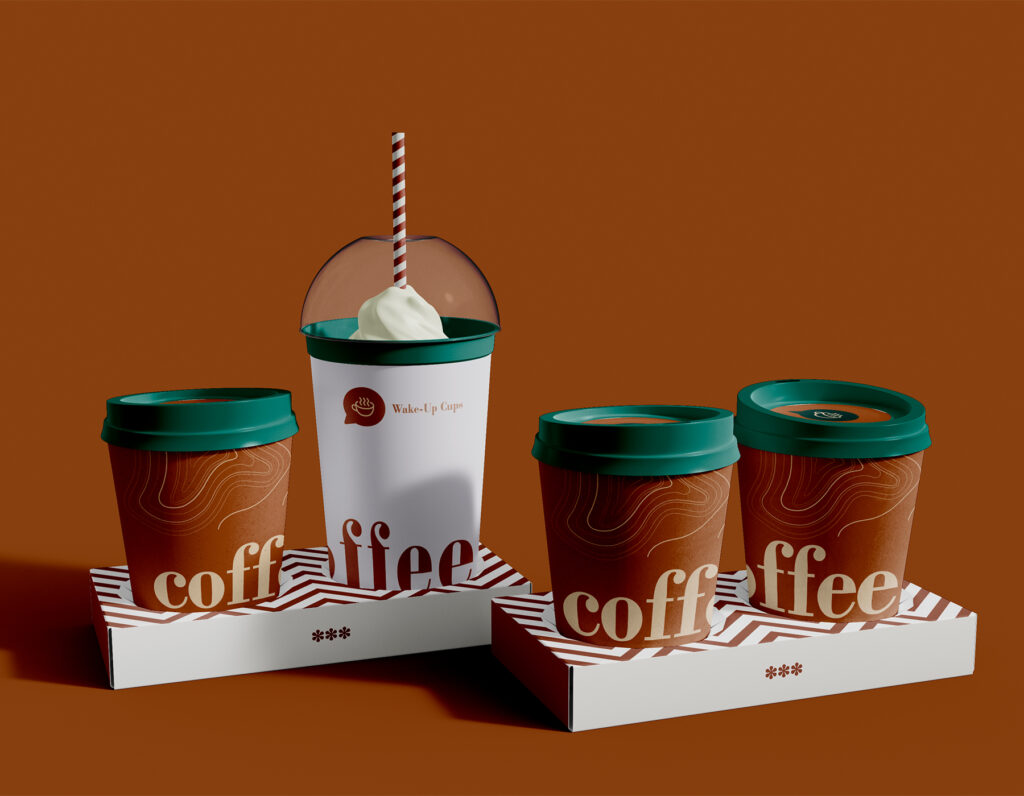 Coffee cup packaging mockup featuring takeaway coffee branding with modern café identity design.