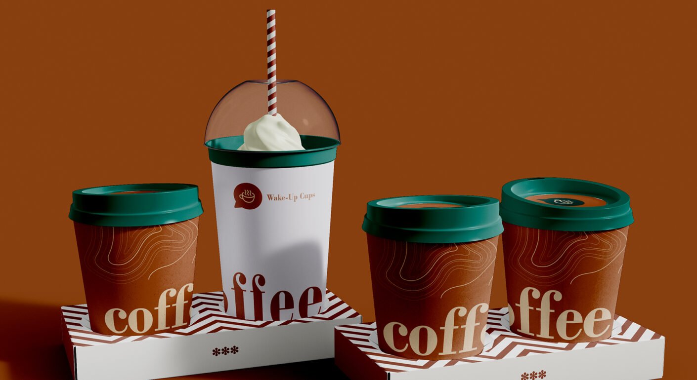 Coffee cup packaging mockup featuring takeaway coffee branding with modern café identity design.