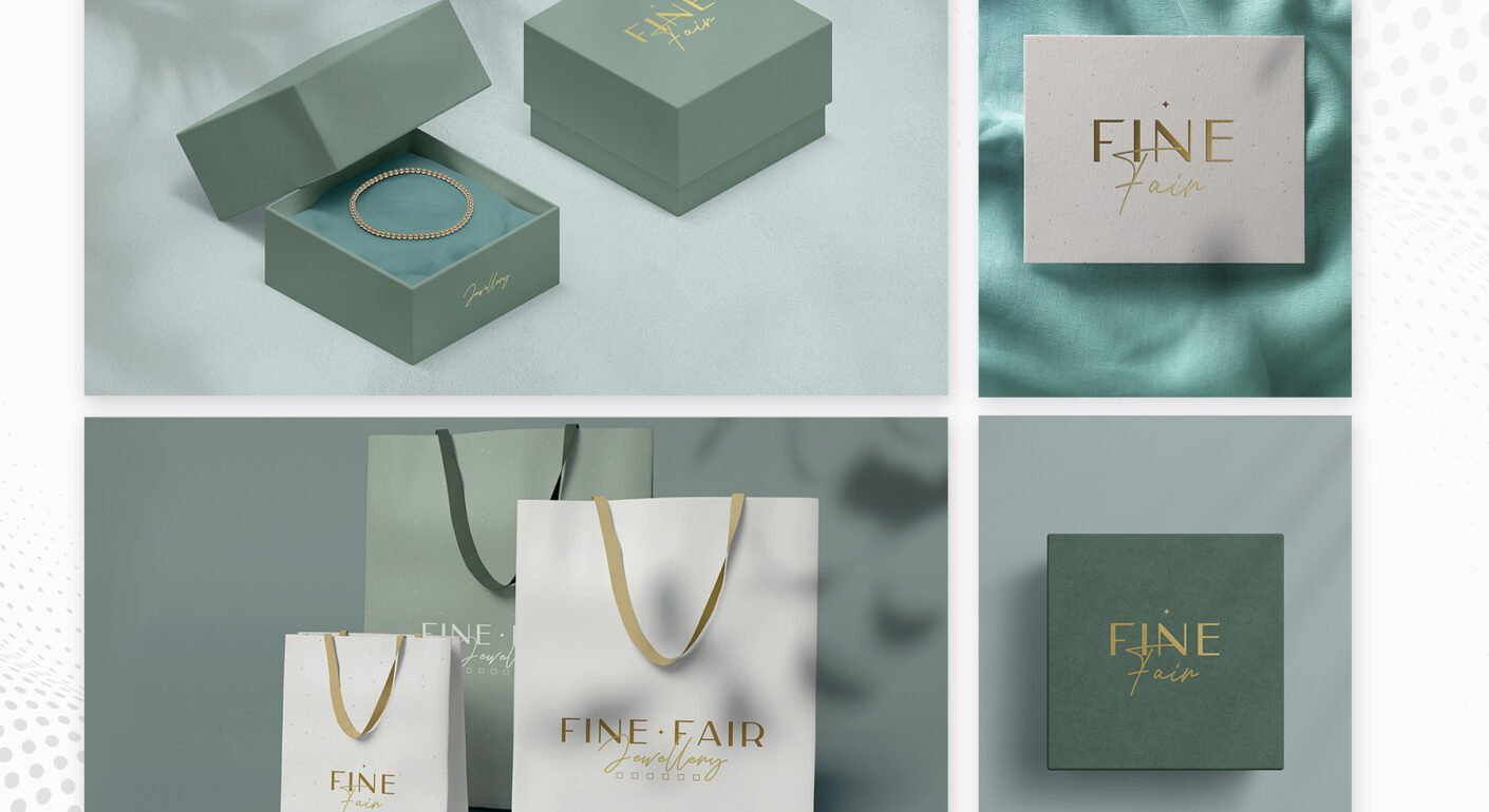 Luxury jewelry packaging design featuring branded boxes and shopping bags