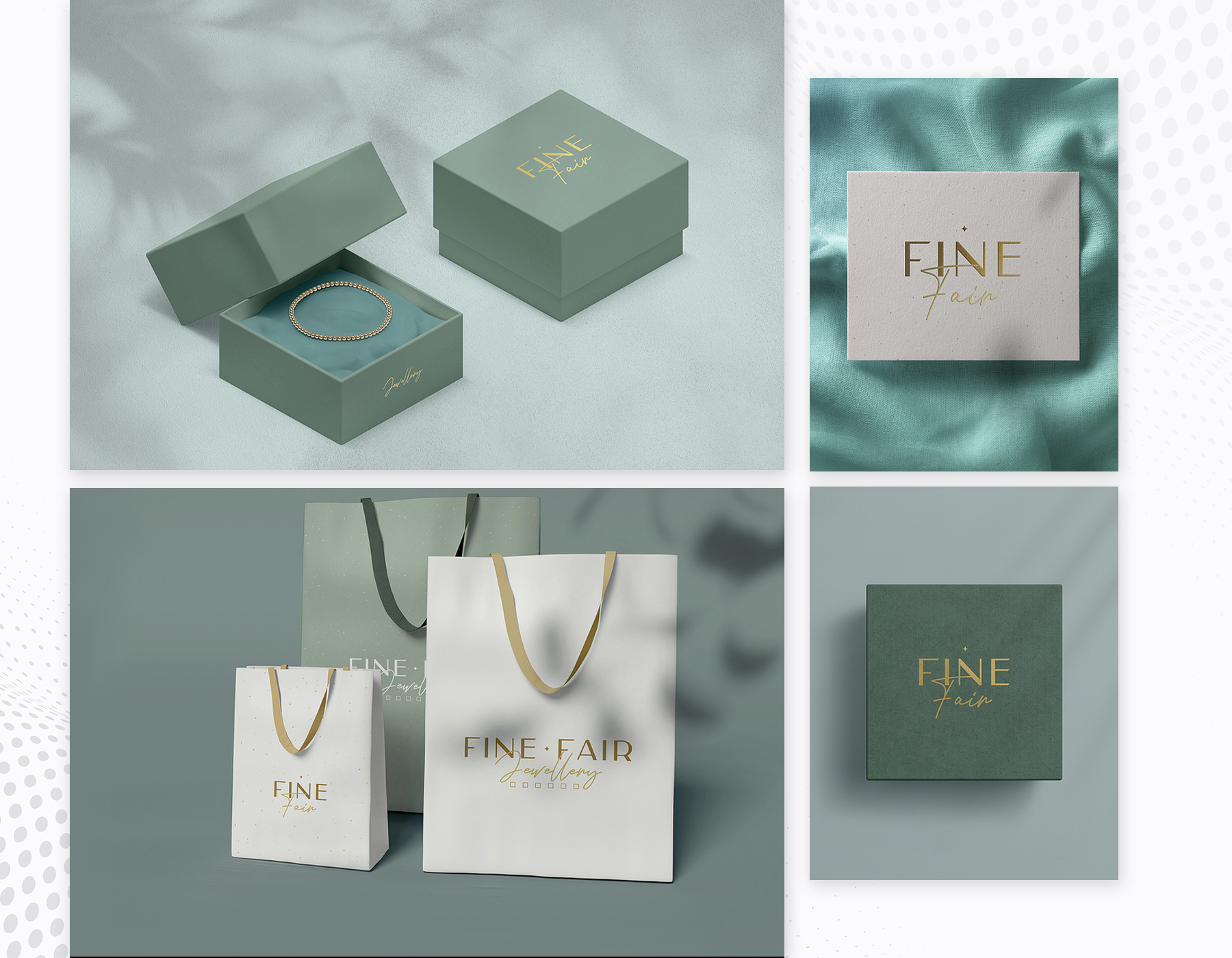 Luxury jewelry packaging design featuring branded boxes and shopping bags