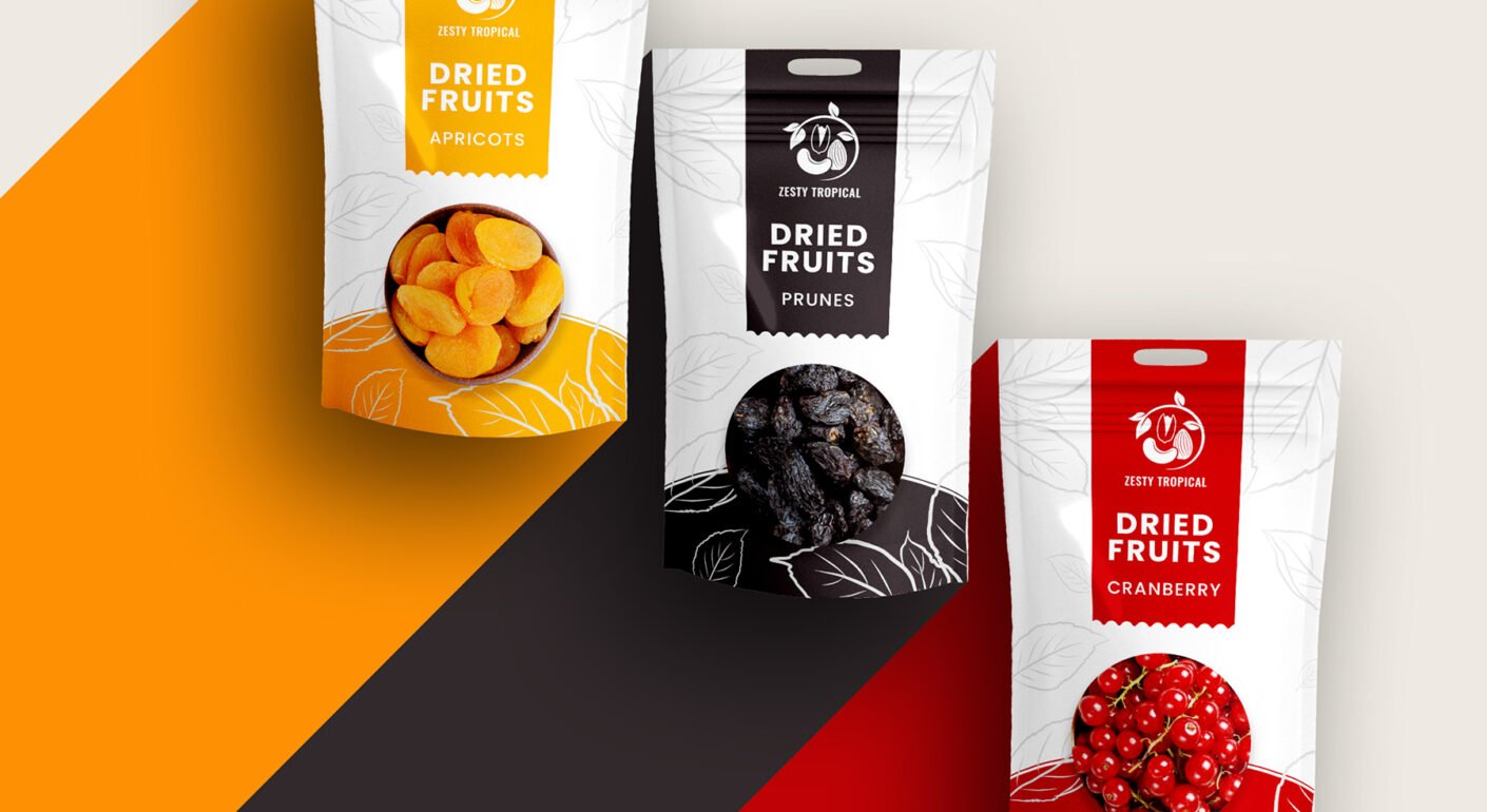 Colorful dried fruits pouch packaging design.