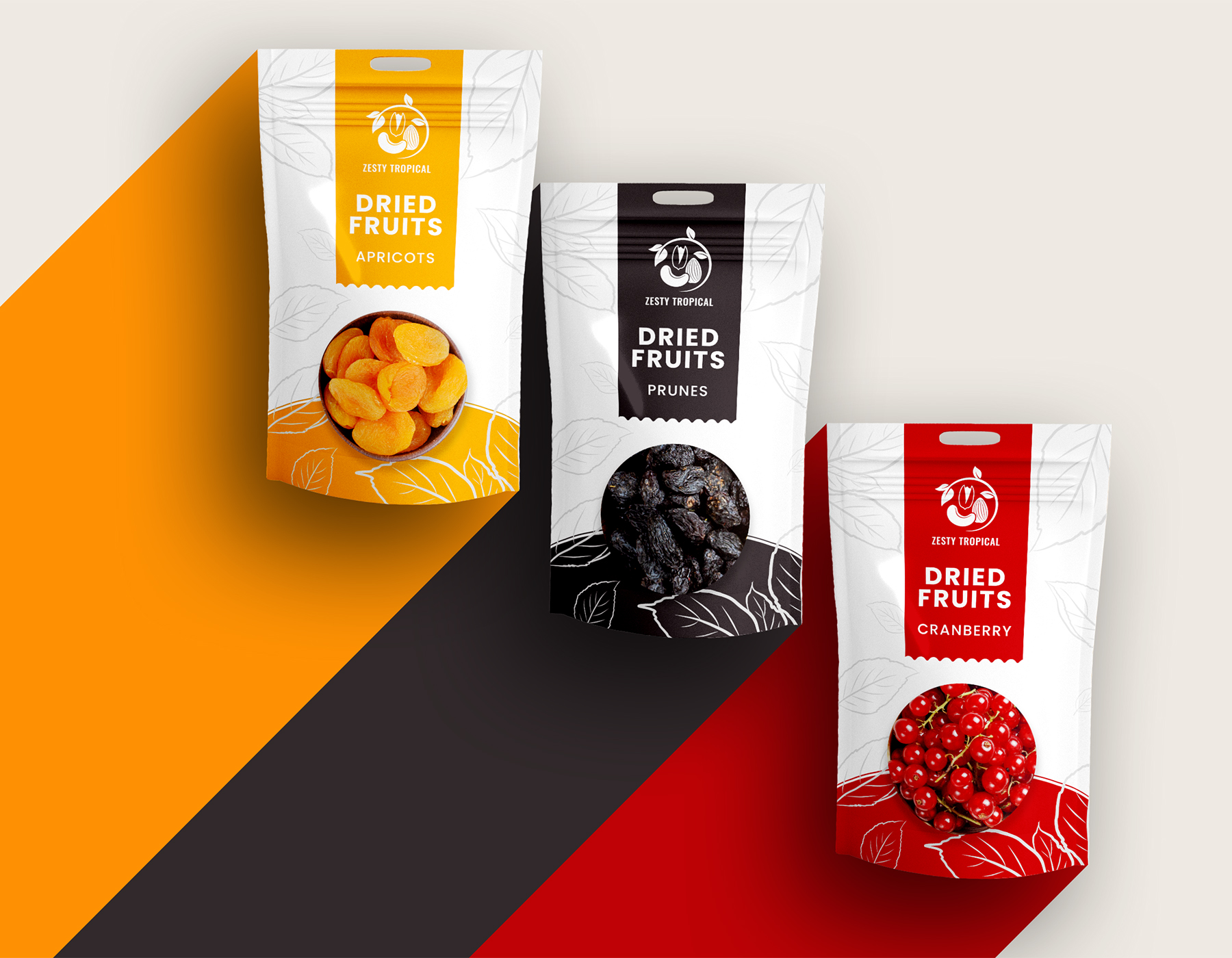 Colorful dried fruits pouch packaging design.