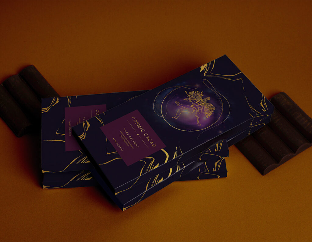Luxury chocolate packaging mockup featuring premium gift boxes with elegant cosmic-themed branding.