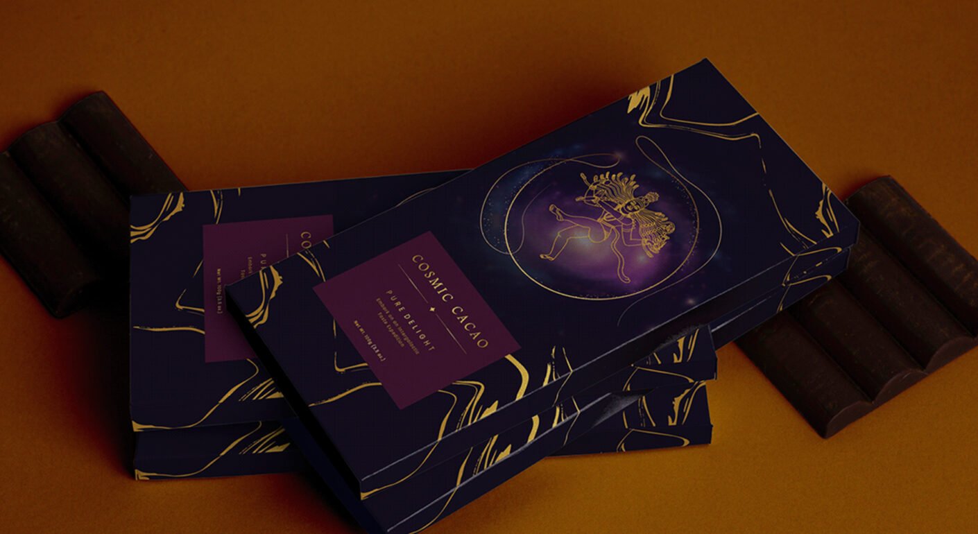 Luxury chocolate packaging mockup featuring premium gift boxes with elegant cosmic-themed branding.
