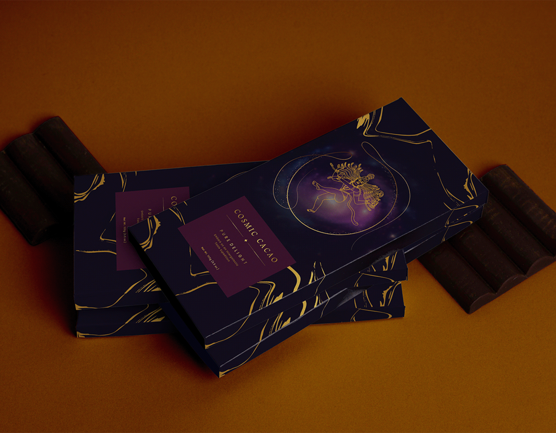Luxury chocolate packaging mockup featuring premium gift boxes with elegant cosmic-themed branding.