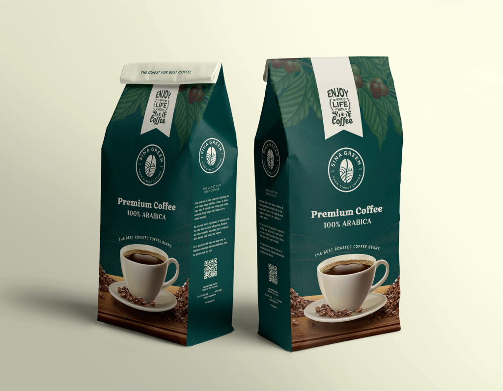Premium coffee packaging mockup featuring Arabica coffee bean bags with elegant branding