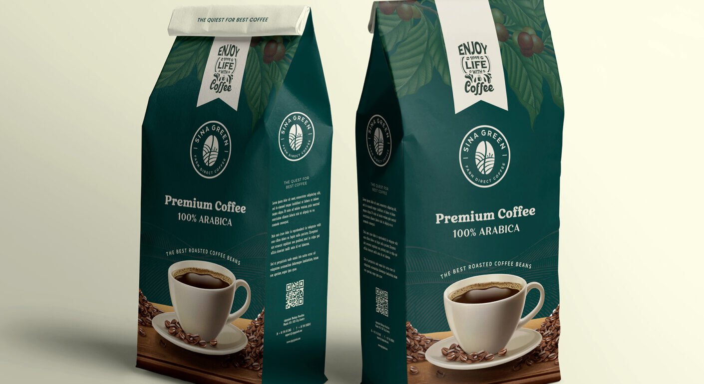 Premium coffee packaging mockup featuring Arabica coffee bean bags with elegant branding