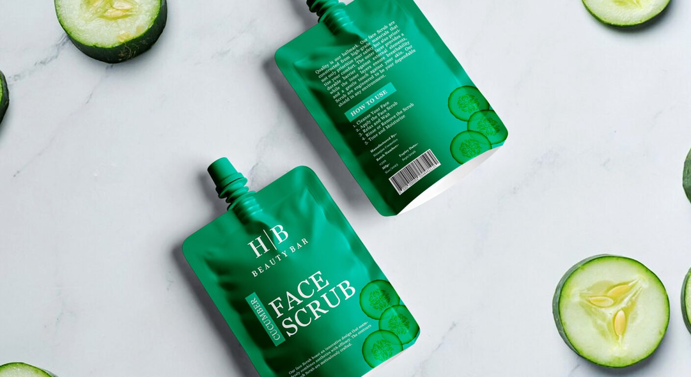 Cucumber face scrub pouch packaging mockup featuring skincare branding and fresh cucumber slices on a clean background.
