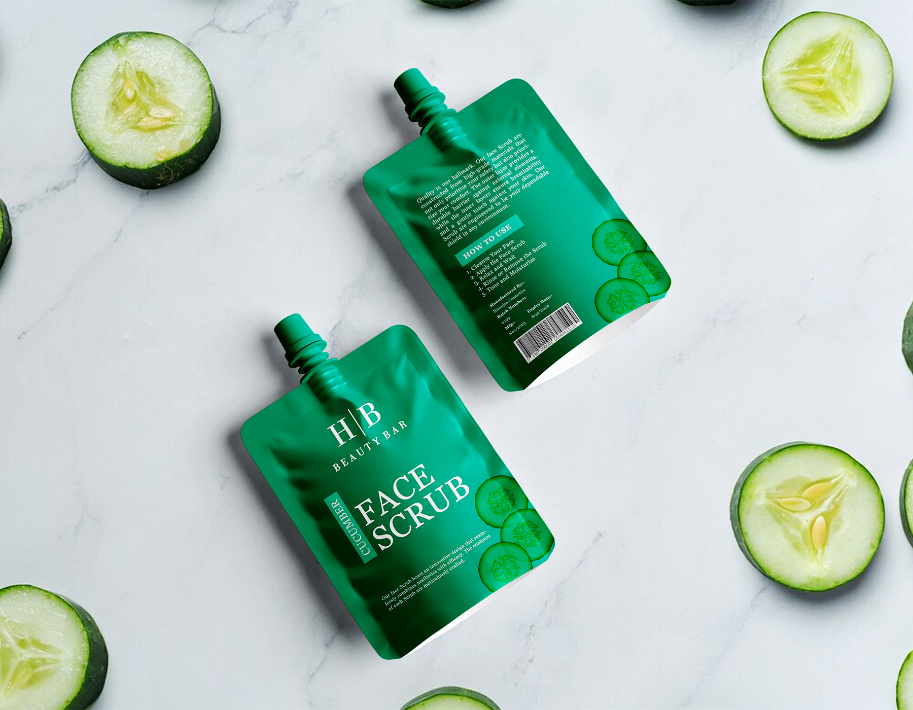 Cucumber face scrub pouch packaging mockup featuring skincare branding and fresh cucumber slices on a clean background.