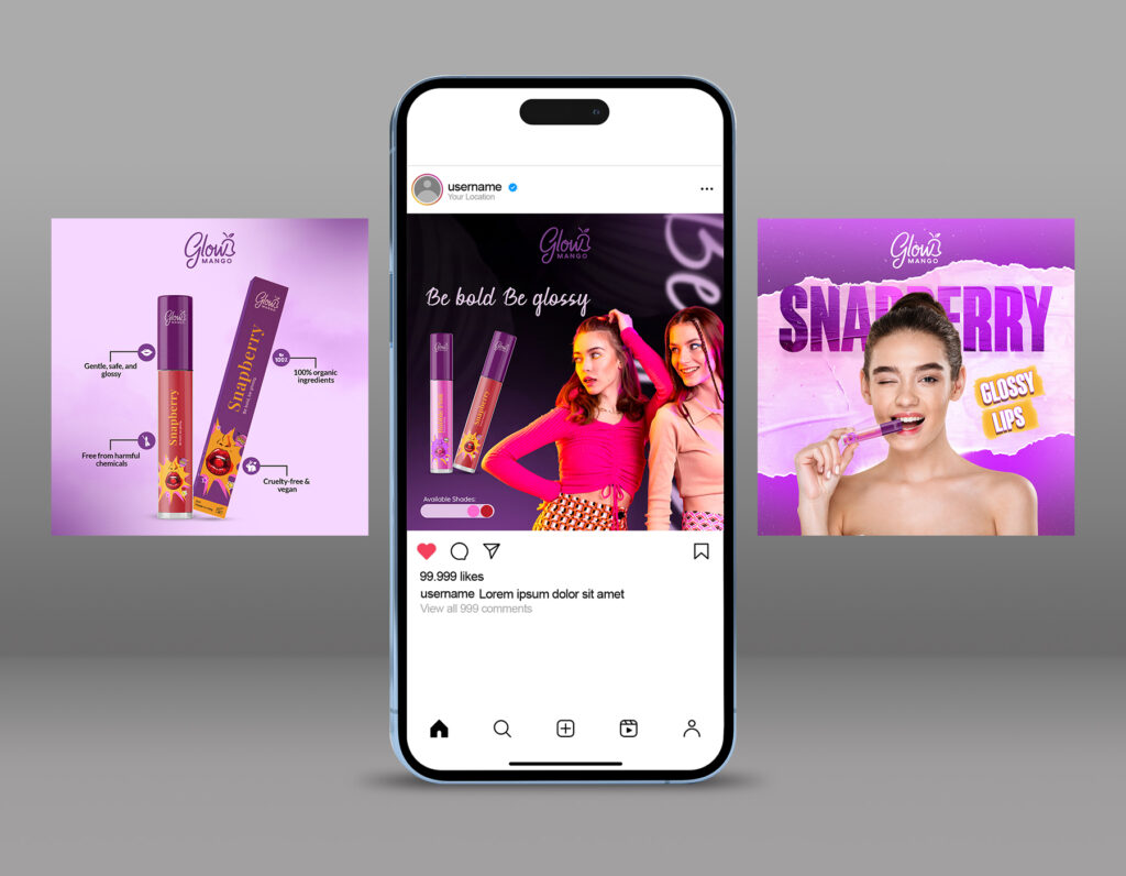 Lip gloss social media post mockup featuring beauty product promotion, Instagram marketing design, vibrant cosmetic branding, and influencer-style advertising creatives.