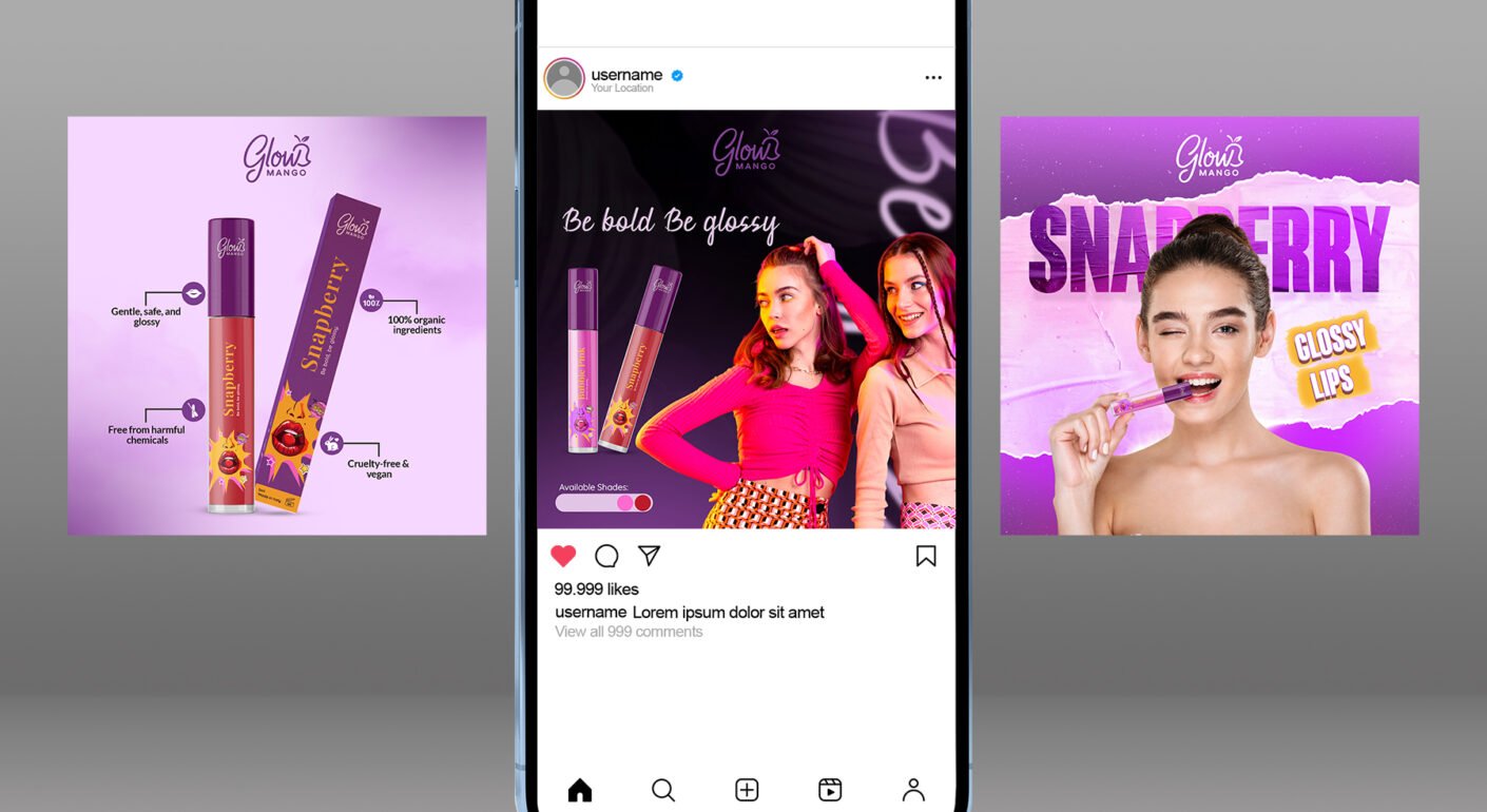 Lip gloss social media post mockup featuring beauty product promotion, Instagram marketing design, vibrant cosmetic branding, and influencer-style advertising creatives.