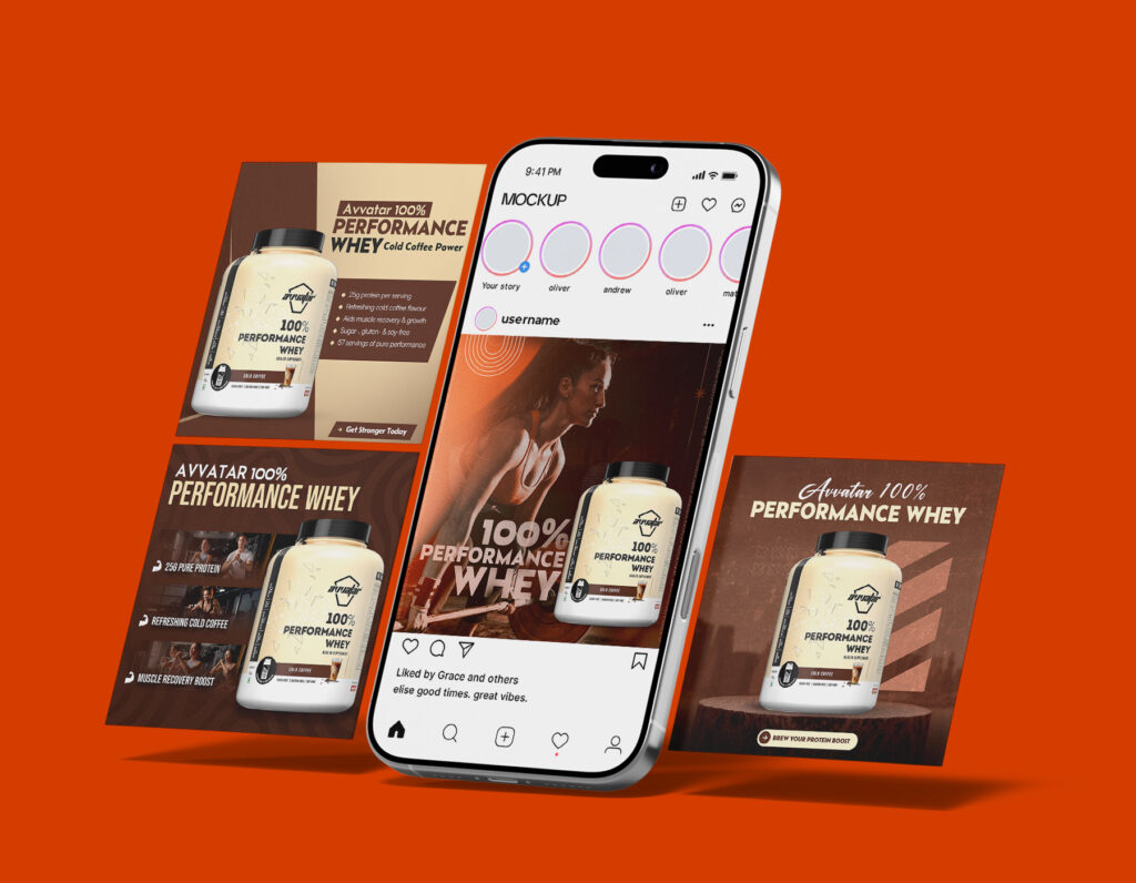 Fitness supplement social media post mockup featuring whey protein packaging, Instagram feed design, and sports nutrition marketing creatives.