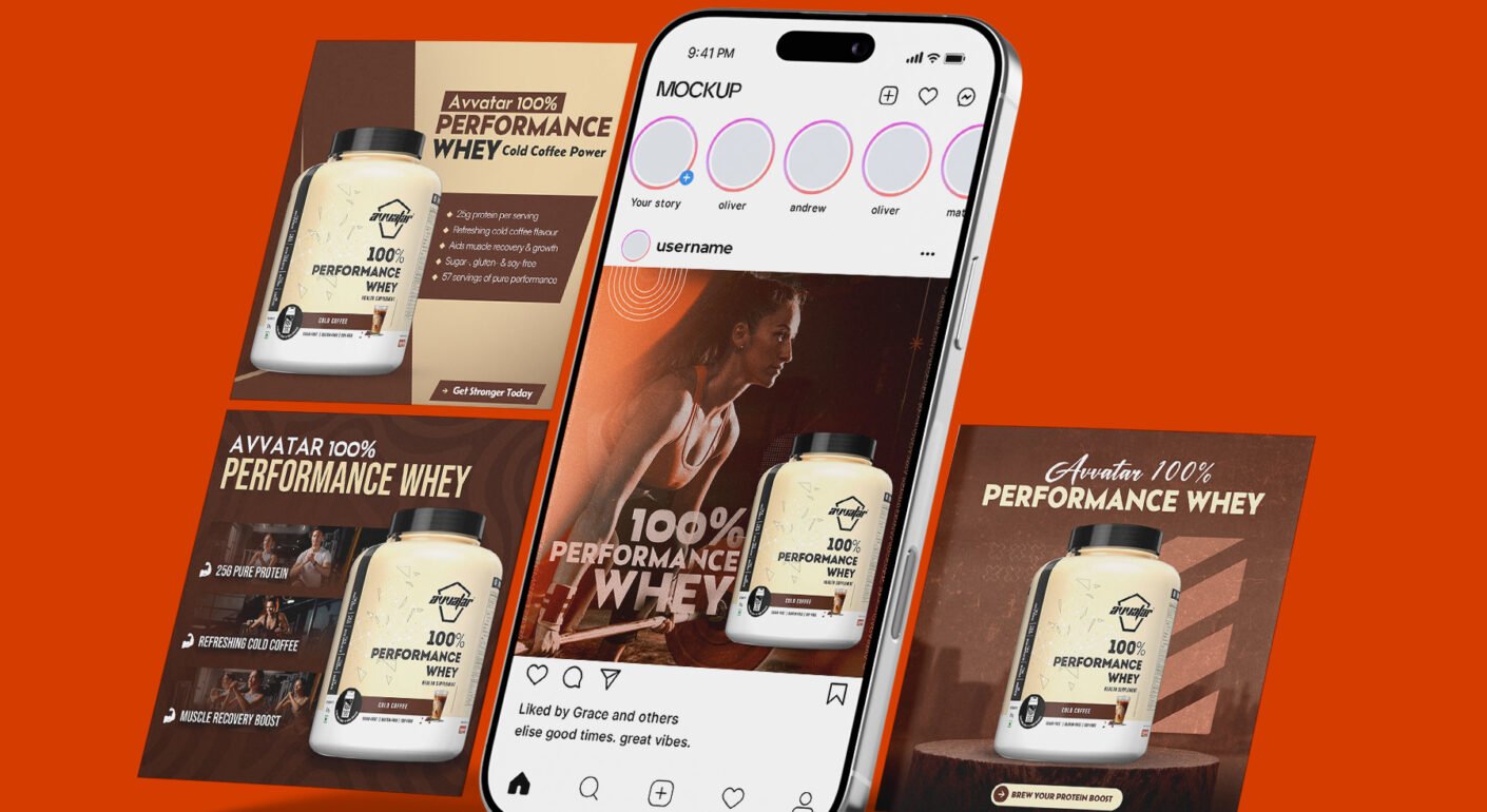 Fitness supplement social media post mockup featuring whey protein packaging, Instagram feed design, and sports nutrition marketing creatives.