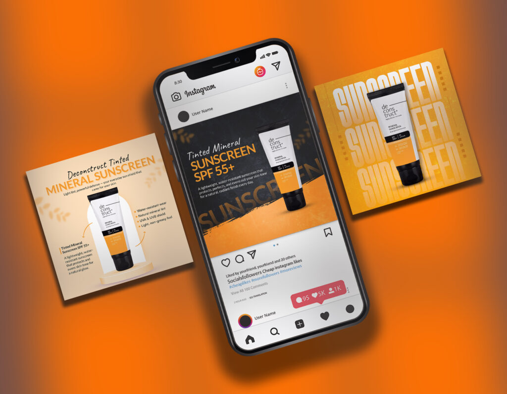 Mineral sunscreen social media post mockup featuring SPF 55+ skincare product, Instagram advertising design, and beauty brand marketing creatives.