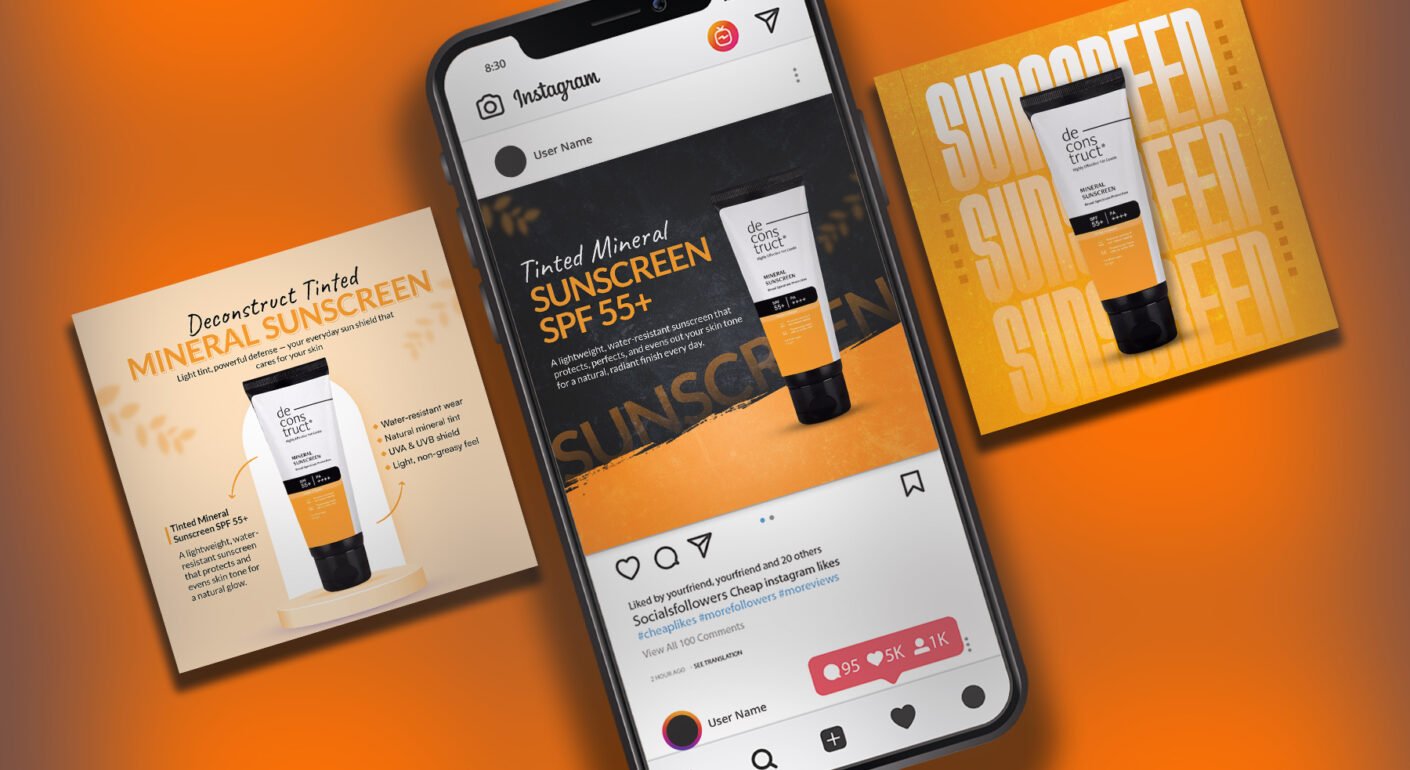 Mineral sunscreen social media post mockup featuring SPF 55+ skincare product, Instagram advertising design, and beauty brand marketing creatives.