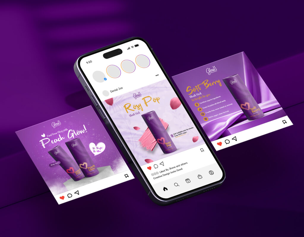 Cosmetic blush stick social media post mockup featuring beauty product promotions, Instagram feed design, and vibrant purple branding.