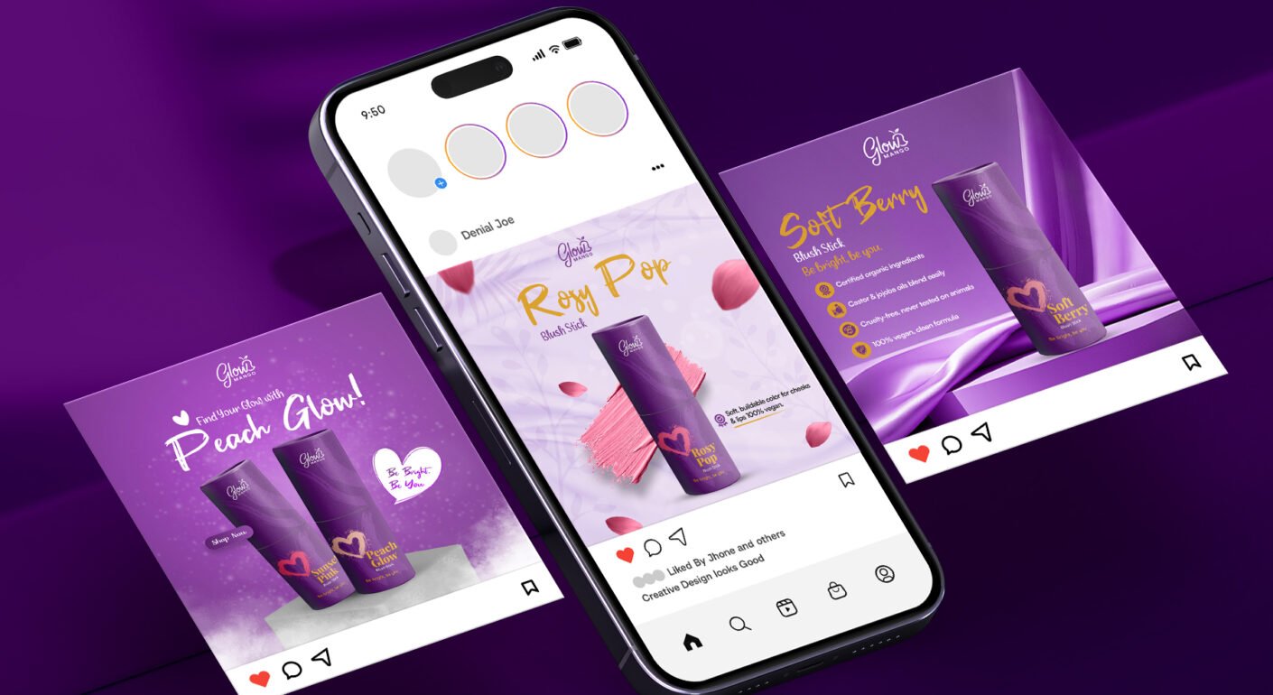 Cosmetic blush stick social media post mockup featuring beauty product promotions, Instagram feed design, and vibrant purple branding.