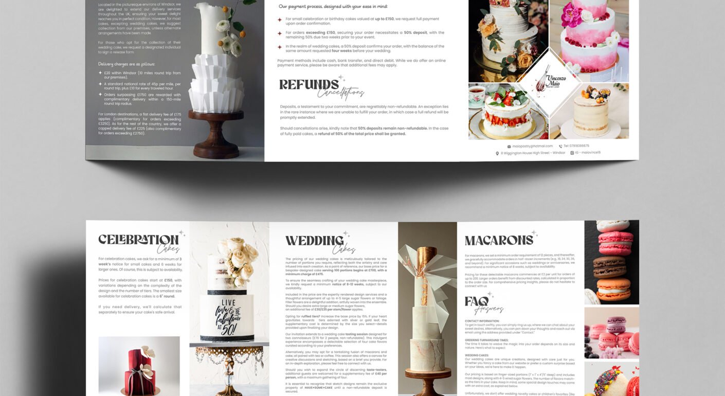 Elegant bakery and wedding cake brochure.