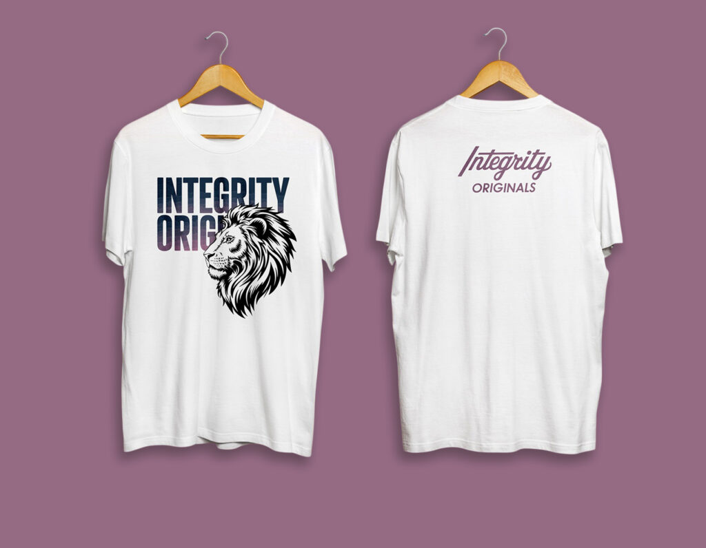 White t-shirt mockup featuring a lion graphic and Integrity Originals typography on front and back views.